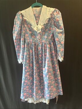 Sarah Kent vintage Girls' Blue Floral Lace-Trim Formal Dress sz 12